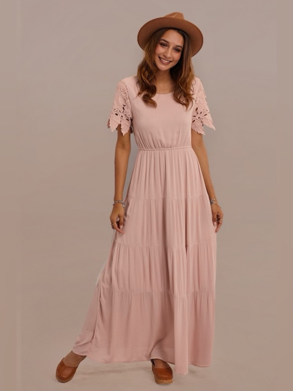 Polagram Blush Pink Lace Sleeve Maxi Dress